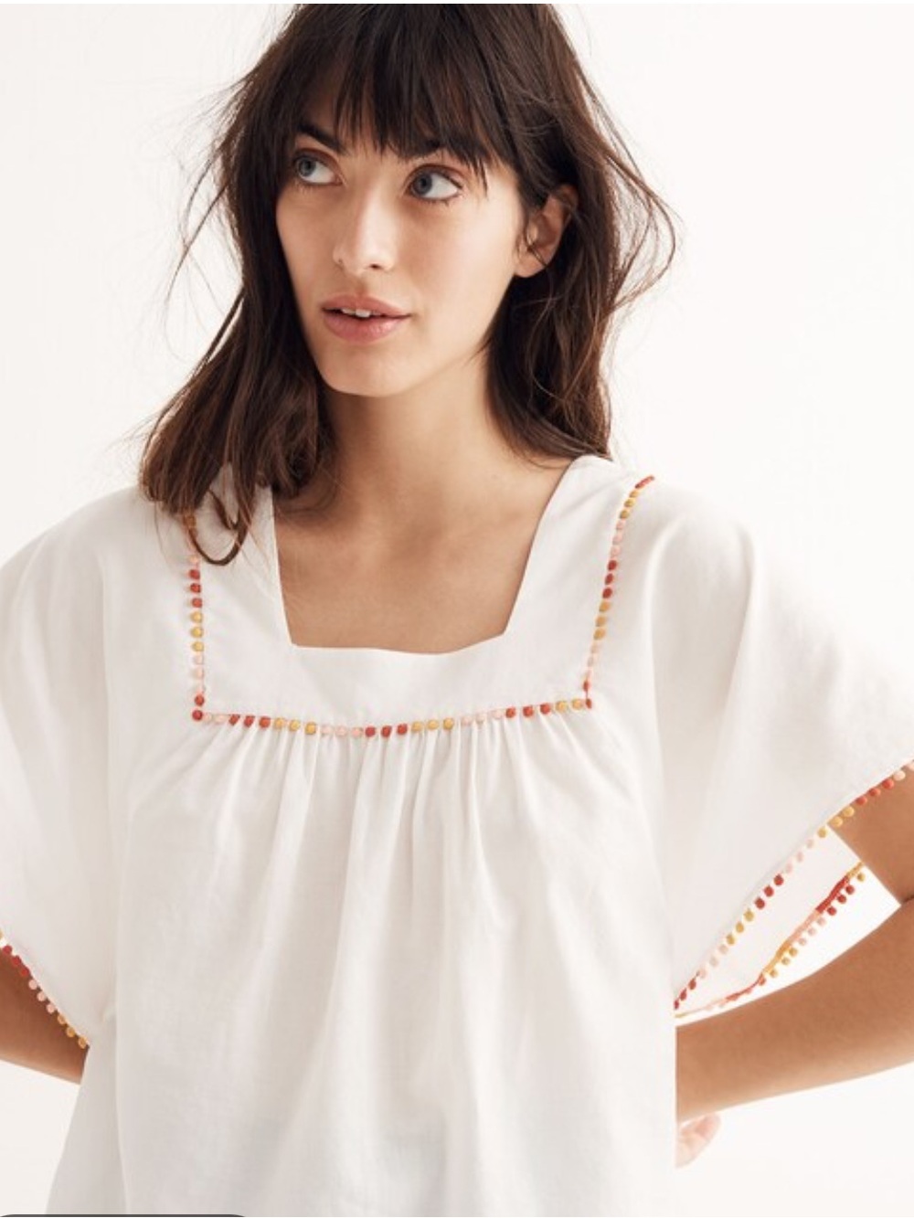 Madewell Pom-Pom Butterfly White Square-Neck Tunic with Multicolor Pom-Trim